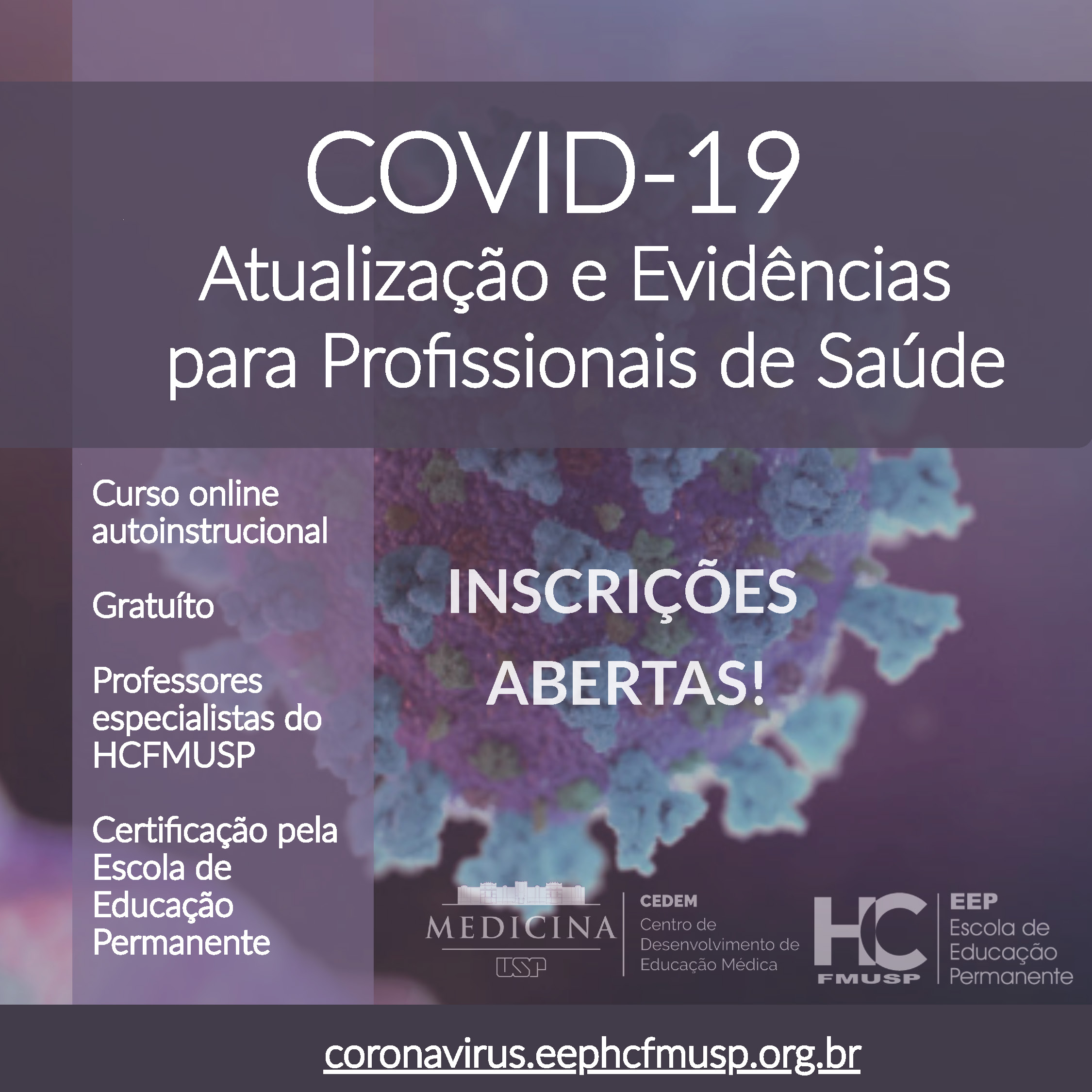 Banner convite para curso de atualização e evidências para profissionais de saúde do HC da FMUSP